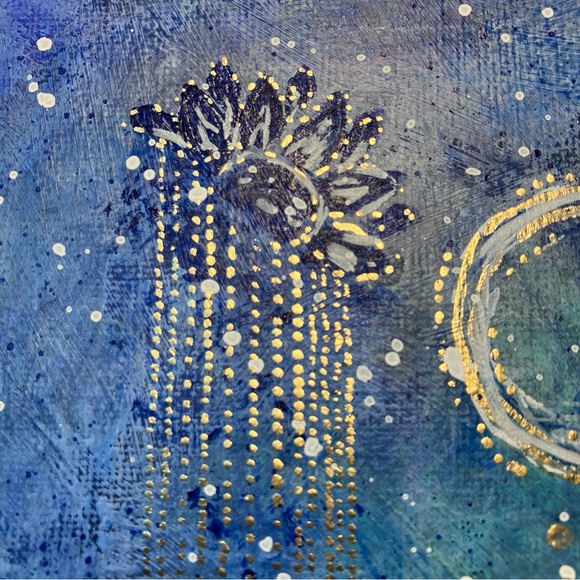 Abstract Acrylic Dream Catcher Blue and Gold Mini Painting, 6x6" - Picture 3 of 10